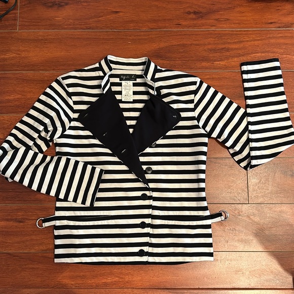 Agnès B. Paris Black & White Striped High Neck Cotton Jacket - Picture 10 of 12